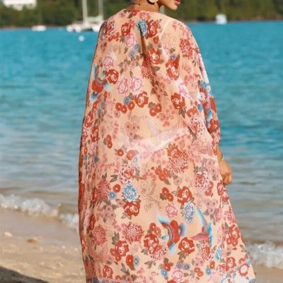 Half Sleeves Cover Up Shirt, V Neck Loose Fit Floral Print Beachwear Kimono, Boh - Picture 2 of 5